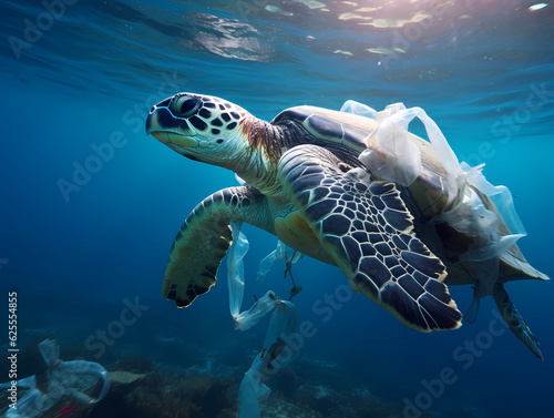 A turtle is swimming in the ocean. The water is polluted with plastic. Created with generative AI