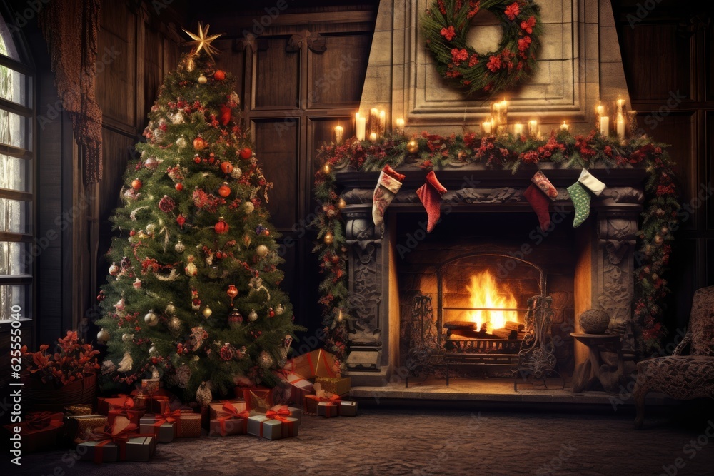 Christmas inside a house. Enchanting tree radiating magic, a warm fireplace, and presents.