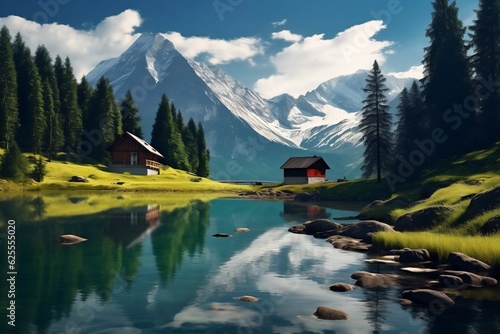 Calm Lake in the Alps Small House Mountain View. Generative AI