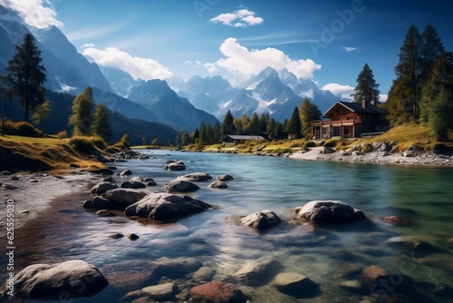 Calm Lake in the Alps Small House Mountain View. Generative AI