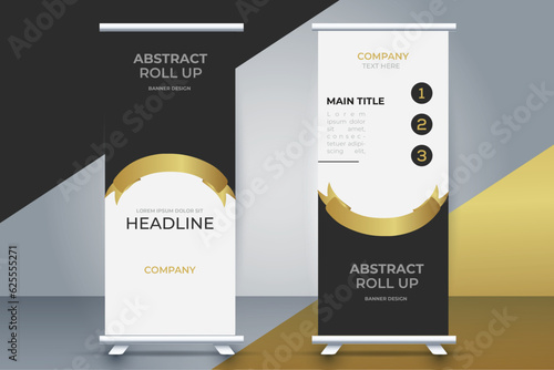 modern business roll up banner design with golden ribbon