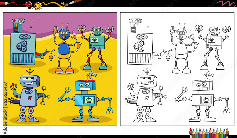 comic robots or droids characters group coloring page