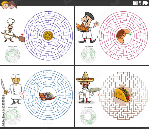 maze activities set with cartoon chefs and dishes
