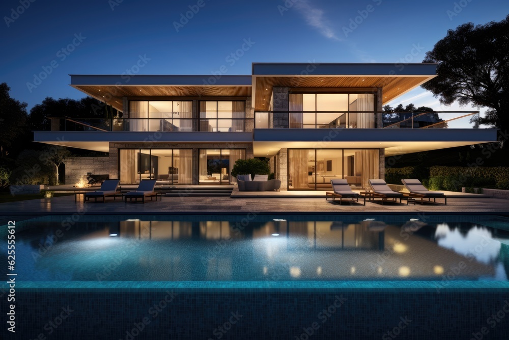 Contemporary residence featuring a swimming pool, depicted during the evening.
