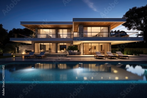 Contemporary residence featuring a swimming pool, depicted during the evening. © 2rogan