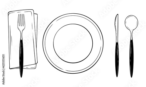 Plate with a cutlery set knife spoon fork napkin vector line art illustration