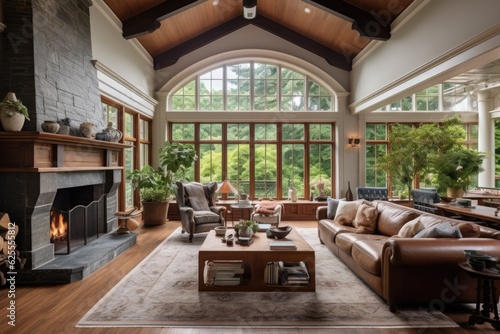 Spacious living area with a fireplace and a set of large windows
