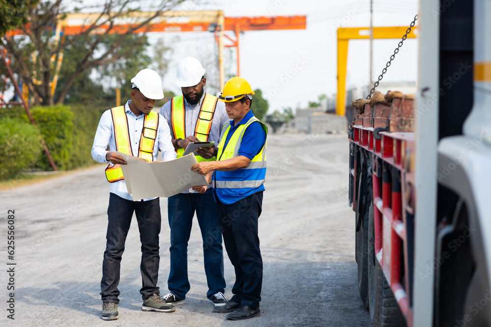 Unity and teamwork concept. african american architect Engineering man in safety hardhat looking at blueprint at heavy Industry Manufacturing Factory. Prefabricated concrete walls Unity and teamwork concept. african american architect Engineering man in safety hardhat looking at blueprint at heavy Industry Manufacturing Factory. Prefabricated concrete walls