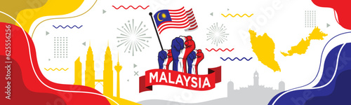 Malaysia National day or Hari Merdeka banner with retro abstract geometric shapes. Malaysian flag and map