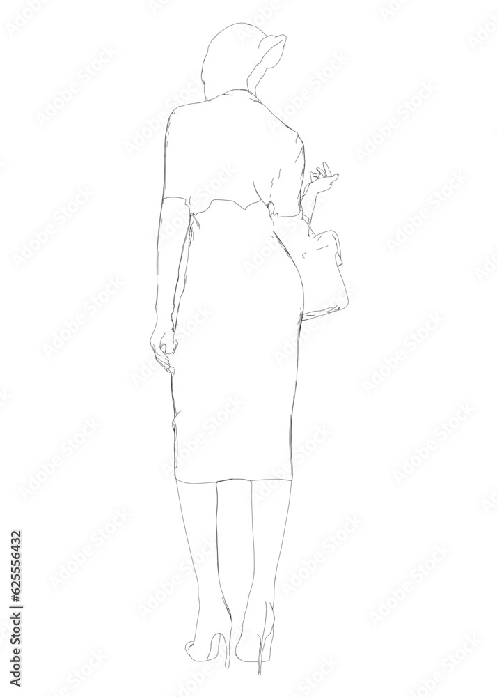 Contour of a woman with shopping bag vector. Young stylish woman in trench dress. Fashion illustration in sketch style. Vector illustration. Contour of a woman with shopping bag vector. Young stylish woman in trench dress. Fashion illustration in sketch style. Vector illustration.