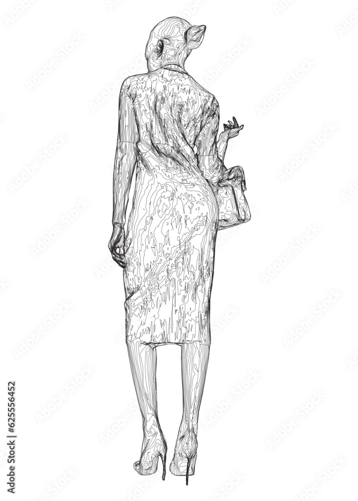 Contour of a woman with shopping bag vector. Young stylish woman in trench dress. Fashion illustration in sketch style. Vector illustration.