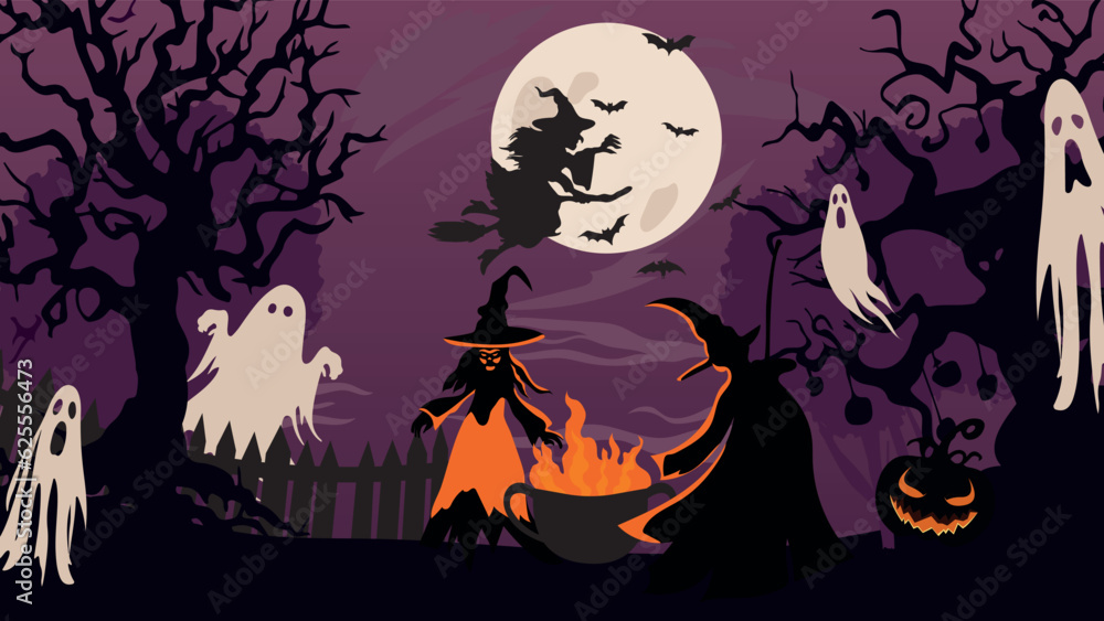 Halloween night scene witches near fire and ghosts vector background.