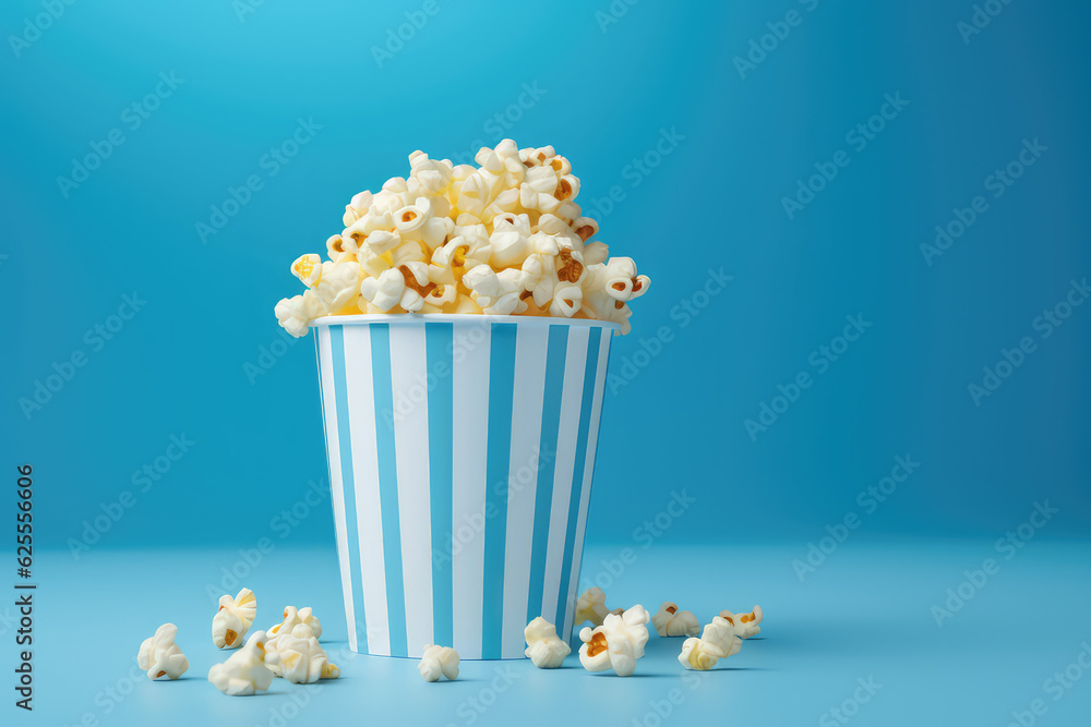Delicious popcorn in a paper striped cup isolated on a flat blue background with copy space. Banner template for cafe in movie theater. 3d render illustration style.