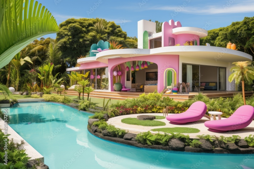 The exterior design of a home or house features a tropical pool villa with a lush green garden, sun loungers, umbrellas, pool towels, and vibrant floating unicorn toys.