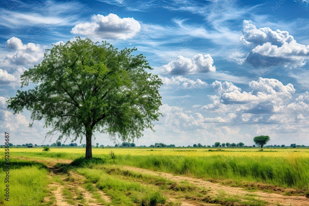 Pecan Tree in a Cornfield Landscape with Blue Sky and Clouds in Summer. Generative AI Pecan Tree in a Cornfield Landscape with Blue Sky and Clouds in Summer. Generative AI