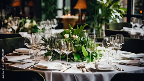Luxurious Wedding Centerpiece with Fresh Flowers and Green Leaves - Elegant Event Table Decoration for Banquet and Eatery Design. Generative AI