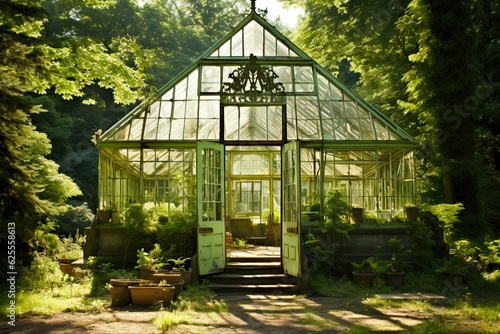 Old Greenhouse in Summer Park - Abandoned Architecture of a Glasshouse in Nature's Garden. Generative AI © AIGen