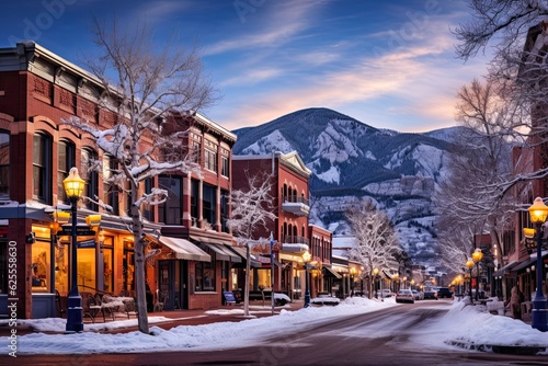 Winter Wonderland in Downtown Aspen, Colorado - Resort and Shopping Mecca surrounded by snowy White Nature with a Majestic Sky. Generative AI photo