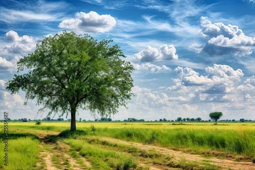 Pecan Tree in a Cornfield Landscape with Blue Sky and Clouds in Summer. Generative AI © AIGen
