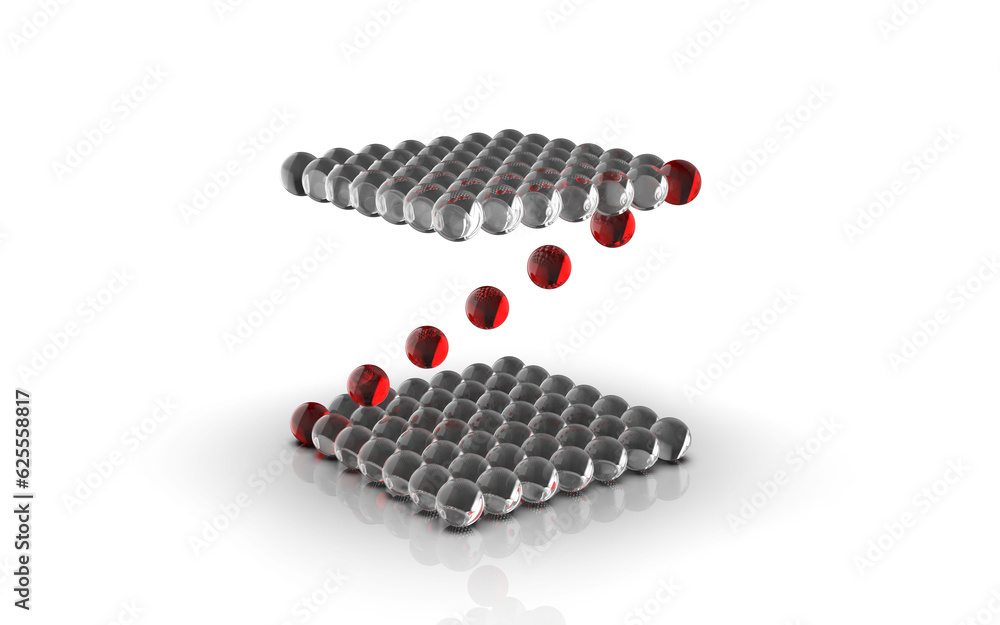 two levels of a Matrix stack connected diagonally with red glass spheres floor shadow isolated 3D CAD rendering two levels of a Matrix stack connected diagonally with red glass spheres floor shadow isolated 3D CAD rendering