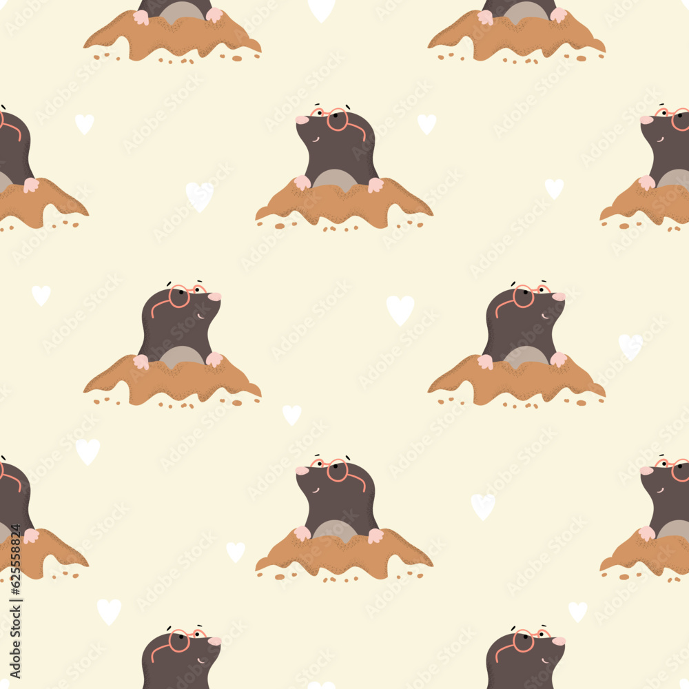 Obraz premium Cute little moles seamless pattern. Vector cartoon animals illustration. Baby print