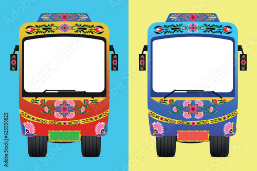 Set of colorful trucks with a colorful flower pattern on the front.