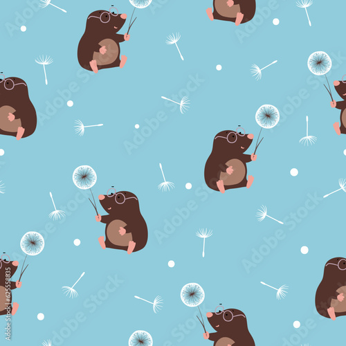 Cute cartoon mole with dandelion pattern. Vector childish illustration