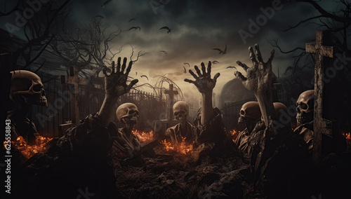 Photo zombie hands rising in dark halloween night Generative AI