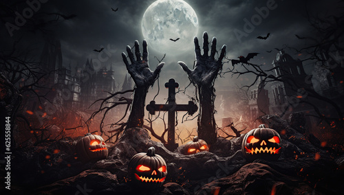zombie hands rising in dark halloween night Generative AI