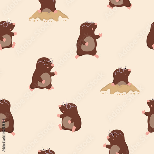 Cute little moles seamless pattern. Vector childish cartoon illustration