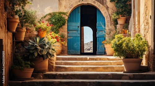 Steps leading to open door and potted plants. French countryside. Generative AI