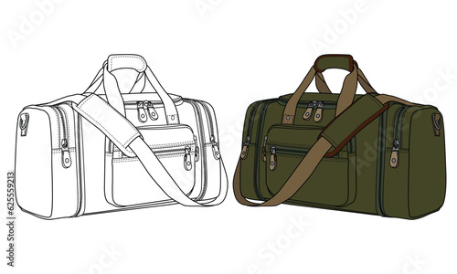 Set of Duffel bag, flat sketch fashion illustration drawing template mock-up, Sports duffle bag cad drawing, barrel bag flat sketch vector.