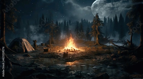 illustration image of a bonfire in the middle of the forest at night