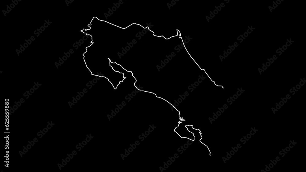 Costa Rica map animation line. White line drawing on a black background. Costa Rica map animation line. White line drawing on a black background.
