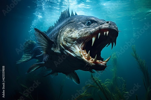 Wolf Fish in Wild. Swimming Underwater in Fresh River with Dangerous Teeth. Predatory and Powerful Reptile of the Natural World: Generative AI