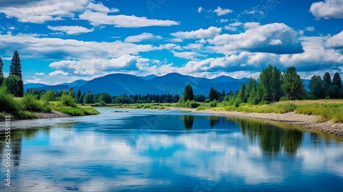 Summer Landscape of Kootenai River at Bonners Ferry Idaho - Blue Water  Clear Sky  and Lush Nature  Generative AI