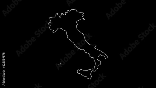Italy map animation line. White line drawing on a black background.