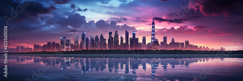 Horizontal wallpaper of modern business city on the river bank at sunset. Futuristic skyscrapers, beautiful sky and clear water with reflection. Creative wallpaper of business center. Purple colors.