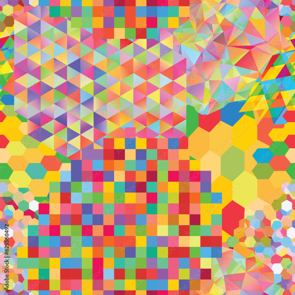 Seamless pattern with gainbow colored glitch styled bright messy shapes