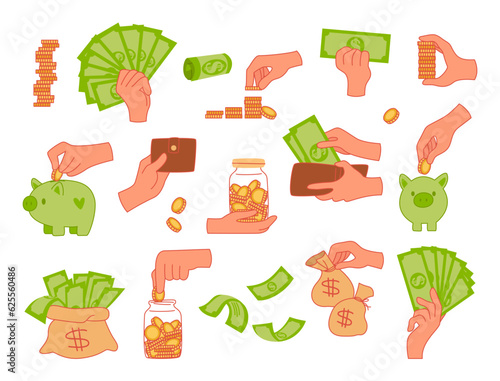 Set of hands with paper money and coins. Cash in hand, money in wallet, coins in piggy bank. Vector flat illustration