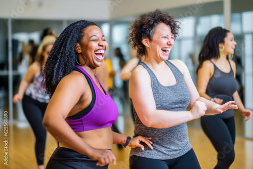 Middle-aged women enjoying a joyful dance class, candidly expressing their active lifestyle through Zumba with friends, generative ai