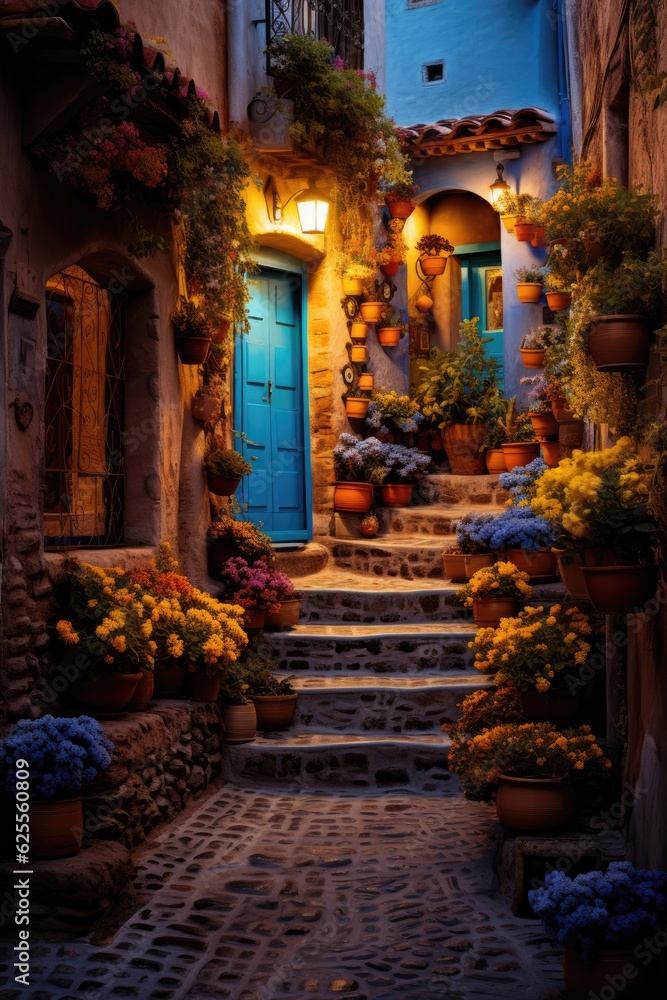 Steps leading to open door and potted plants. French countryside. Generative AI