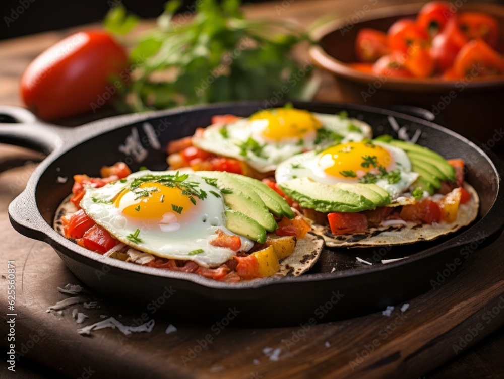 Huevos Rancheros with fresh avocado slices and a side of fried potatoes Huevos Rancheros with fresh avocado slices and a side of fried potatoes