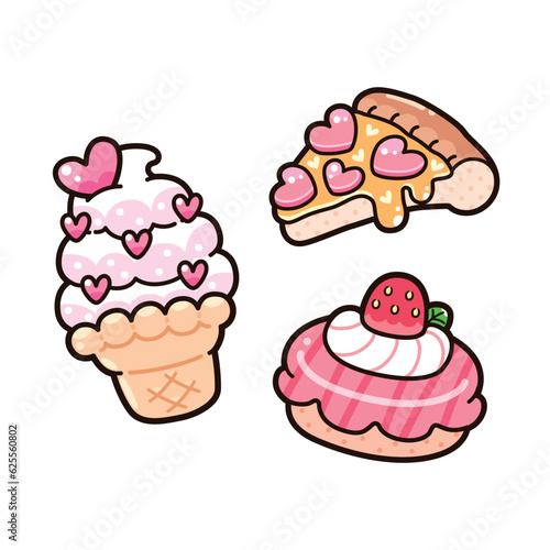 Collection Cute Dessert Cartoon, Donut, Pizza, ice cream, soft cream, Cupcake.