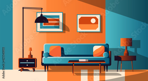 Comfortable room with couch and pillows. Interior with sofa in cozy retro colors.