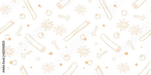 Vector seamless pattern of cinnamon sticks, star anise, carnation, pepper in doodle style. Background or texture of seasonings, food additive, spices
