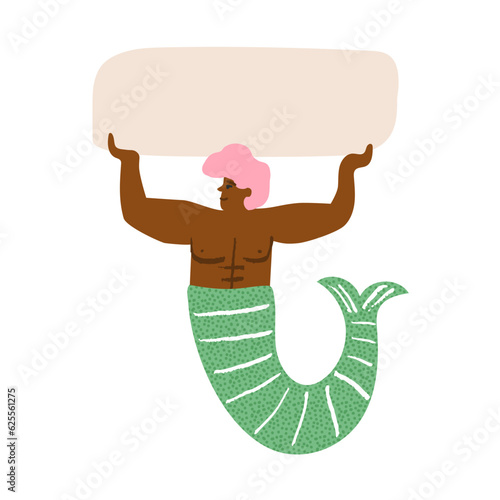 African chubby merman with pink hair holds a banner, a cute underwater mermaid man with hands up shows a banner, athlete