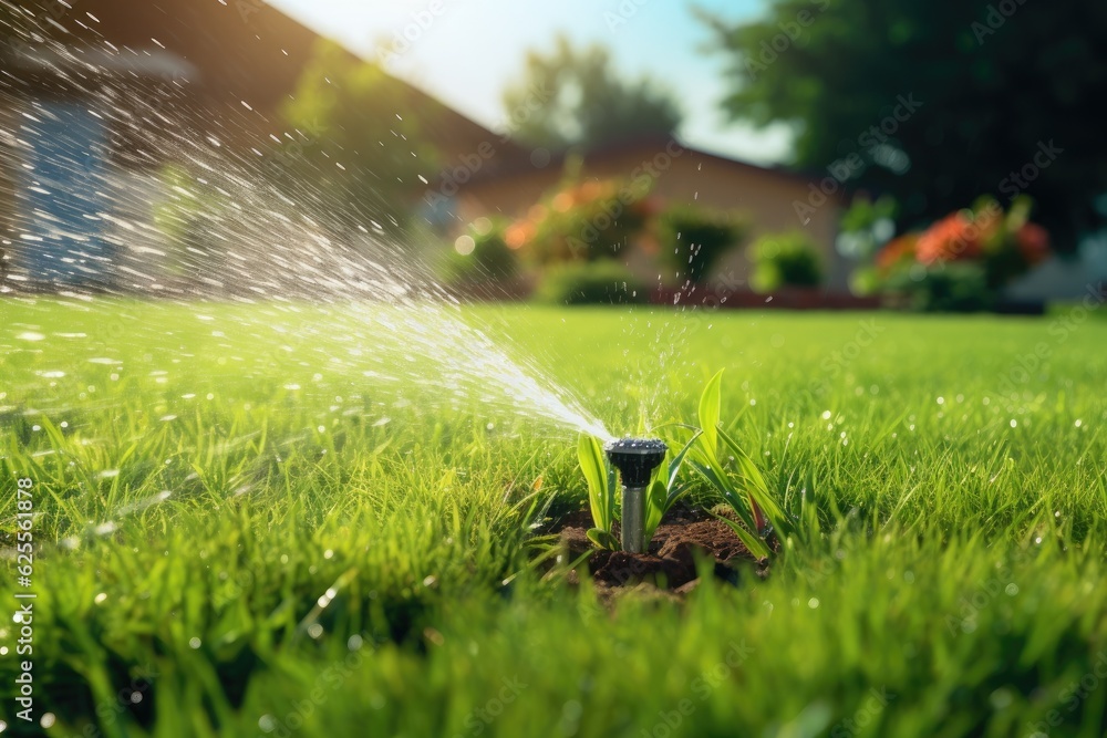 The image shows a garden irrigation system taking care of the lawn by ...