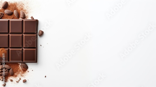 Milk chocolate bar pieces on white isolated background. Top view, with text space can use for advertising, ads, branding