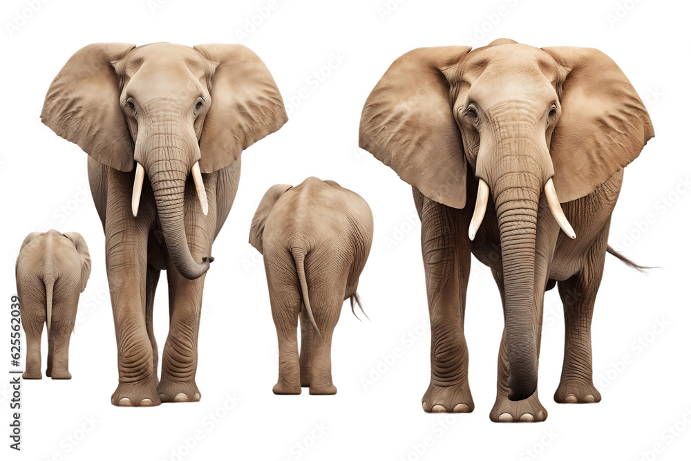 African Elephant in Various Poses Isolated on a Transparent Background. Generative AI